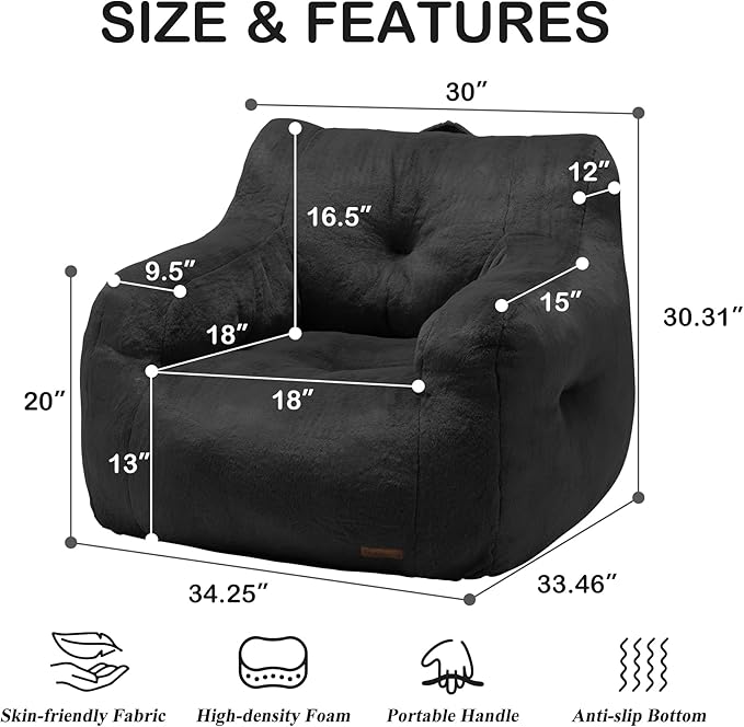 Hobestluk Bean Bag Chair for Adult Small Bean Bag Chairs with Arms Furry Beanbag Chair with Foam Filler Stuffed Bean Bag Sofa for Reading in Bedroom Living Room and Dorms (Black)-Ruum Studio Home