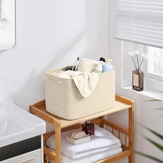 3-Pack Shelf Baskets for Organizing, Woven Storage Basket for Shelves, Cotton Rope Storage Bins for Toys Books, Nursery Towel Baskets for Classroom, 14.96"X9.8"X8.85", Brown-Ruum Studio Home