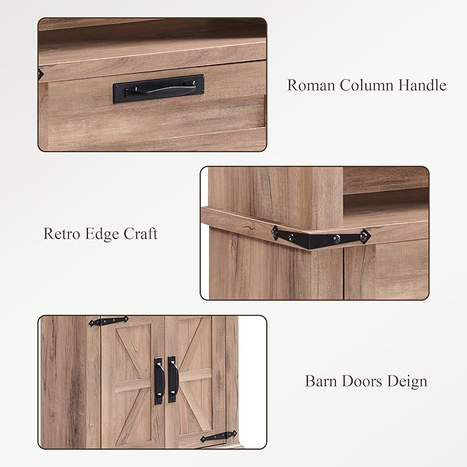 RedLemon Bookshelf with Storage Cabinet, 72" Tall Farmhouse Bookcase with Adjustable Shelves and Barn Door, 4 Tier Office Wood Bookshelf with Retro Metal Handles for Office, Library (Natural Oak)-Ruum Studio Home