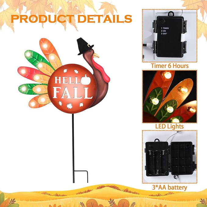 2 PCS Happy Fall Yard Signs Metal Thanksgiving Decorative Garden Stakes with Led Light Turkey Give Thanks Yard Stakes Fall Harvest Lawn Garden Lawn Pathway Decor-Ruum Studio Home