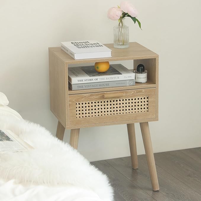 MaxSmeo Rattan Nightstand with Drawer, Mid Century Modern Wood Bedside Table for Living Room, Bedroom and Small Spaces (Rustic Walnut)-Ruum Studio Home