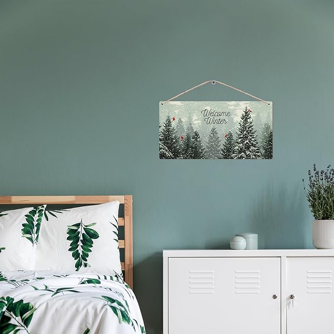 Welcome Winter Hanging Wooden Signs 12x6, Pine Tree Decor, Winter Door Decorations, Winter Door Sign, Snowflake Pine Trees Birds Home Room Office Hanging Wall Decor-Ruum Studio Home