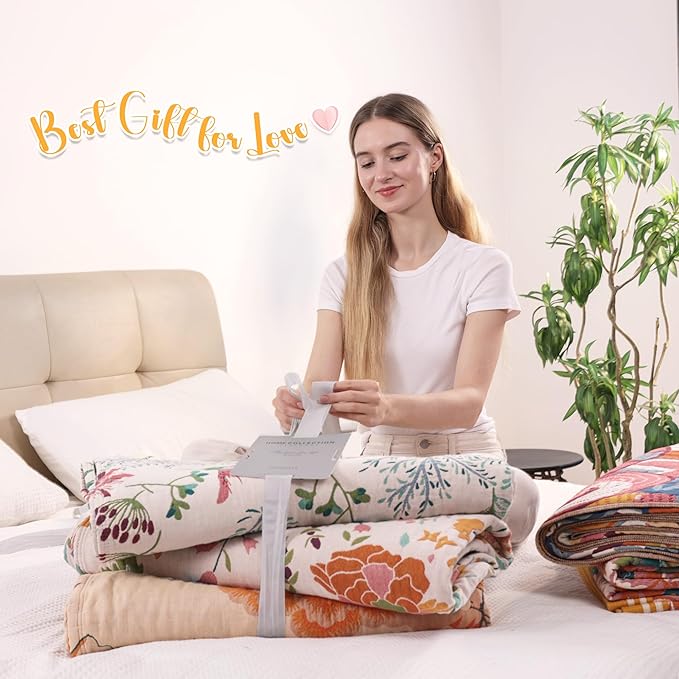 Boho Large Throw Blanket, 100% Organic Muslin Cotton Breathable Soft Bed Throw - Floral Bird Farmhouse Decor Blanket for Sofa Couch Chair Quilt and Gift. 80" x 90"- Colorful-Ruum Studio Home