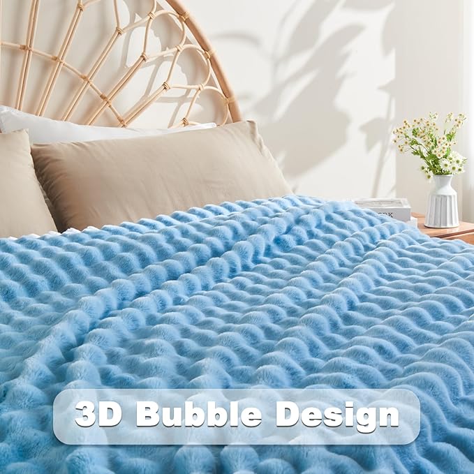 NEWCOSPLAY Faux Fur Throw Blanket Blue Bubble Blanket Thick Warm Soft for Couch Sofa Bed 550GSM (Blue, Throw(50"x60"))-Ruum Studio Home