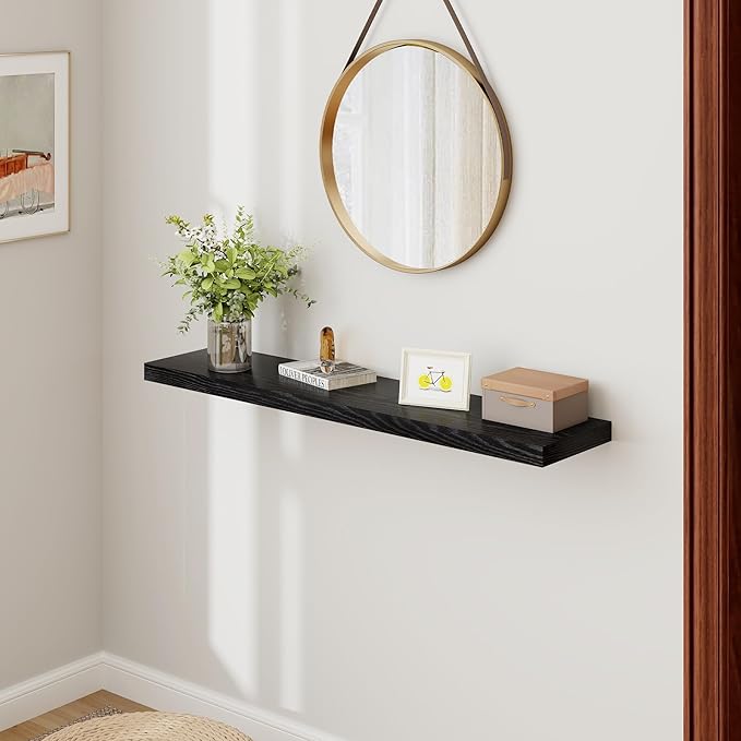 48 Inch Floating Shelves Black, Rustic Wood Floating Shelf Wall Mounted, 9 Inch Deep Floating Shelf for Kitchen, Bedroom, 48 x 9 Wall Shelves for Home Storage, Set of 1-Ruum Studio Home