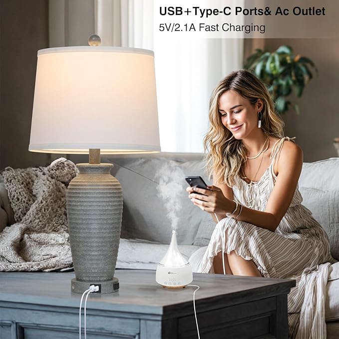 25" Grey Vintage Table Lamp Set of 2 Farmhouse Jar Table Lamps for Living Room，Touch Bedside Lamps with USB A+C Ports & AC Outlet, Pot Nightstand Lamps for Bedroom Living Room (LED Bulbs Included)-Ruum Studio Home