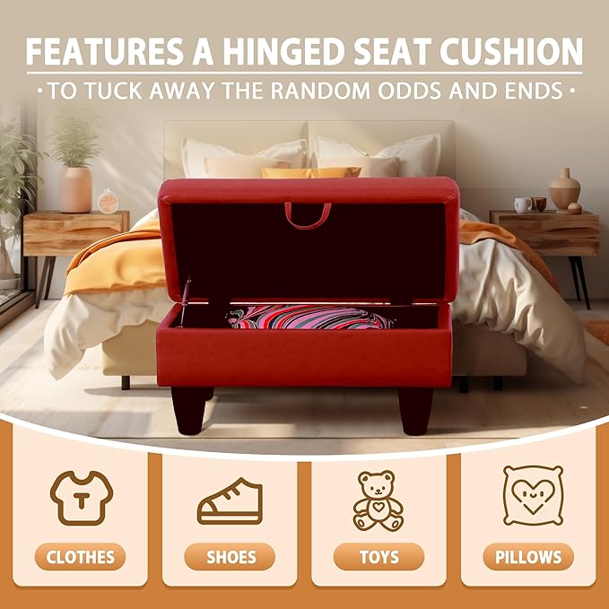 Ottoman Rectangular Storage Ottoman Bench, Faux Leather Footrest, Coffee Table, Stool Footstool with Hinged Lid for Living Room, Bedroom, Entryway, Red, 28.5"x19"x17.5"-Ruum Studio Home