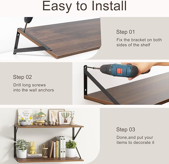 Floating Shelves 55 Inch Long, 10" Deep Floating Shelves, Walnut Wall Shelves 55 x 10, Set of 2, Wide Large Display Storage Shelves for Bathroom, Living Room, Rustic Wood Shelves with Brackets-Ruum Studio Home