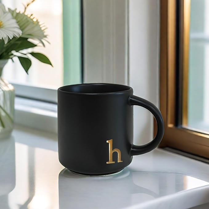COLLECTIVE HOME - Black Monogram Ceramic Mugs, 15 oz Golden Initial Coffee Cups, Elegant Alphabet Tea Mugs, Personalized Halloween Mug with Gift Box, Perfect for Office and Home Décor (h)-Ruum Studio Home