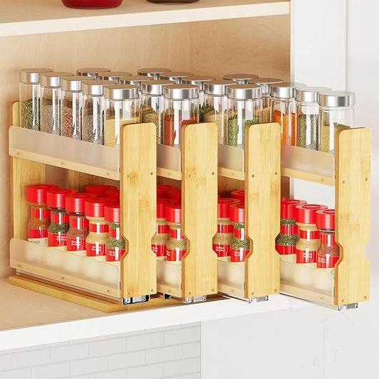 SpaceAid Bamboo Pull Out Spice Rack Organizer for Cabinet, Heavy Duty Slide Out Seasoning Kitchen Pantry Sliding Vertical Organization, 10.1" Wide, 4 Drawers(2" Wide), 2-Tier, Natural-Ruum Studio Home