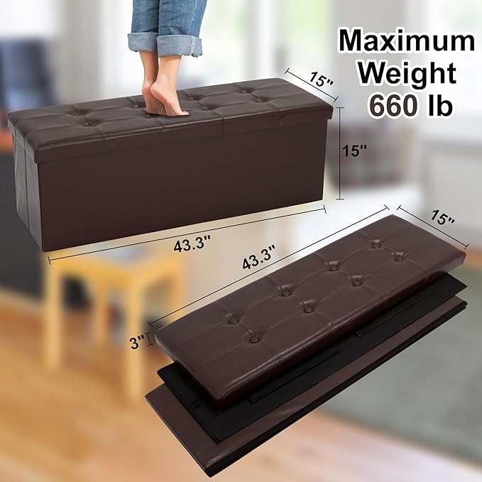 43 Inches Folding Storage Ottoman Bench, PU Leather Storage Chest, Footrest Padded Seat for Bedroom and Hallway, Holds up to 660 lbs, Brown-Ruum Studio Home