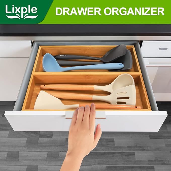 Bamboo Kitchen Drawer Organizer, Stackable Utensil Holder Silverware Organizer Cutlery Tray - 2PCS Organizer Bins for Makeup Jewelries Flatware in Bathroom, Office Desk, Cabinets, 15x6x2 inch-Ruum Studio Home