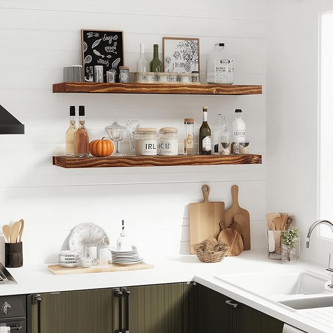 Floating Wall Shelves 2-Pack - 36-Inch Rustic Brown Wooden Shelves for Storage and Décor, Easy Installation for Living Room, Bedroom, and Kitchen-Ruum Studio Home