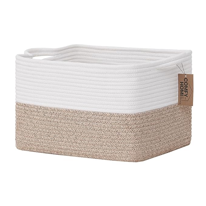 COMFY-HOMI Cotton Rope Woven Basket with Handles for Shelves,Toys,Book, Cloth Storage Baskets for Organizing-13.5" x 11" x 9.5" Toy Decorative Organizer for Living Room, Bathroom （White/Brown）-Ruum Studio Home