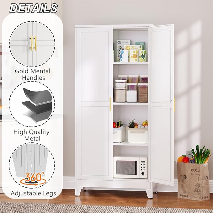 Metal Pantry Cabinet with 2 Doors and Adjustable Shelves - 61" Kitchen Storage Cabinet with Gold Handles - Versatile Storage for Kitchen, Bathroom, Dining Room, Utility Room - White-Ruum Studio Home