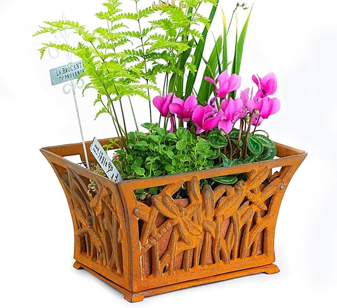 Sungmor Heavy Duty Cast Iron Planter Basket w/Non-Woven Growing Bag, Unique Shape & Beautiful Pattern Design, Hollow Orchid Flower Pot Garden Tools Holder, Full Rusted French Country Decor Container-Ruum Studio Home