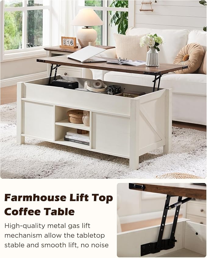 OKD 48" Farmhouse Lift Top Coffee Table with Sliding Barn Door,Rustic Center Table with Hidden Storage Compartment,Lifting Tabletop and Adjustable Shelf for Living Room,Office,Antique White-Ruum Studio Home