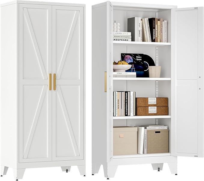 61" Tall Farmhouse Metal Pantry Cabinet, Kitchen Pantry Storage Cabinets with 2 Barn Door and Adjustable Shelves,Metal Pantry Storage Cabinet,for Kitchen,Laundry Room,Home Office,Kids Room (White)-Ruum Studio Home