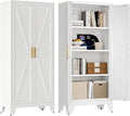 61" Tall Farmhouse Metal Pantry Cabinet, Kitchen Pantry Storage Cabinets with 2 Barn Door and Adjustable Shelves,Metal Pantry Storage Cabinet,for Kitchen,Laundry Room,Home Office,Kids Room (White)-Ruum Studio Home