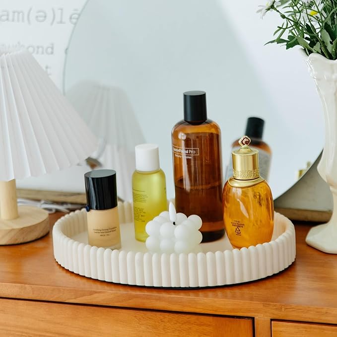 11.8in Decorative Tray for Coffee Table Decor- Modern Oval Concrete Tray for Home Decor- Minimalist Handcrafted Centerpieces Tray for Living Room, Kitchen Dining Table, Entryway (Beige)-Ruum Studio Home