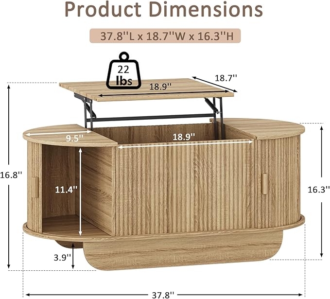 Lift Top Coffee Table with Storage,Oval Wood Coffee Table with Sliding Doors & Hidden Compartment, Fluted Center Table for Home,Living Room,Office, Natural-Ruum Studio Home