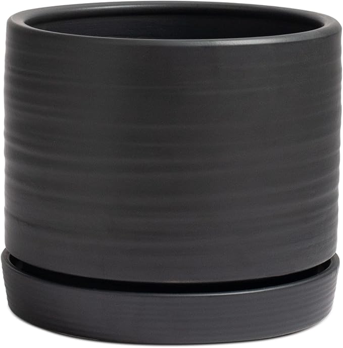 8 Inch Pots for Plants, Ceramic Planter Pot with Drainage Hole & Saucer, Indoor/Outdoor Cylinder Round Planter Pot, Matte Black-Ruum Studio Home