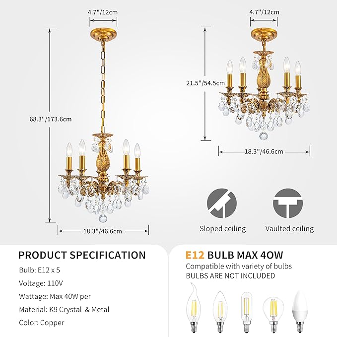 French K9 Crystal Maria Theresa Chandeliers, Luxury Vintage Pendant Light Fixture for Dining Room, Living Room, D18.3*H21~68 inch (Adjustable), Clear Crystal & Antique Bronze Finish Frame-Ruum Studio Home