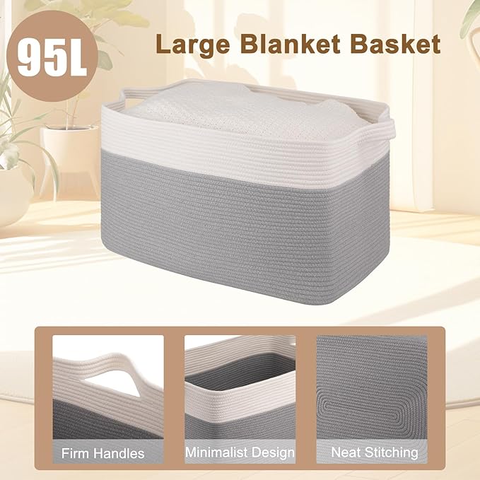 OIAHOMY 95L Blanket Basket, 24”x17”x14”, Large Woven Baskets for Storage, Nursery Cotton Rope Basket with Handle, Living Room, Nursery, Bedroom,Toy Baskets Organizer Bins, Grey & White-Ruum Studio Home