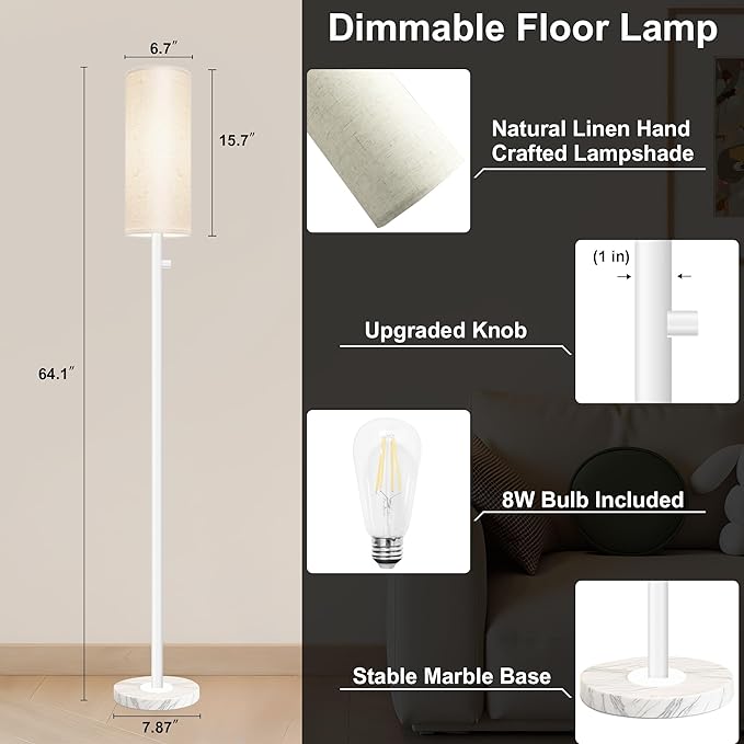 Floor Lamp for Living Room,Dimmable Floor Lamp with LED Bulb,Modern Standing Lamp with Marble Base,Tall Standing Lamps for Living Room,Bedroom,Office,Reading and Nursery(White)-Ruum Studio Home