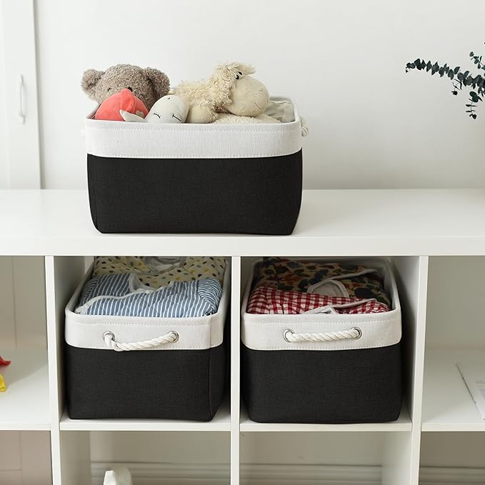 TheWarmHome Storage Basket for Organizing - Large 3 Pack 15.7x11.8x8.3 inch Collapsible Storage Bin for Shelves with Handles Laundry Cube Toy Closet Nursery (Whiet & Black)-Ruum Studio Home