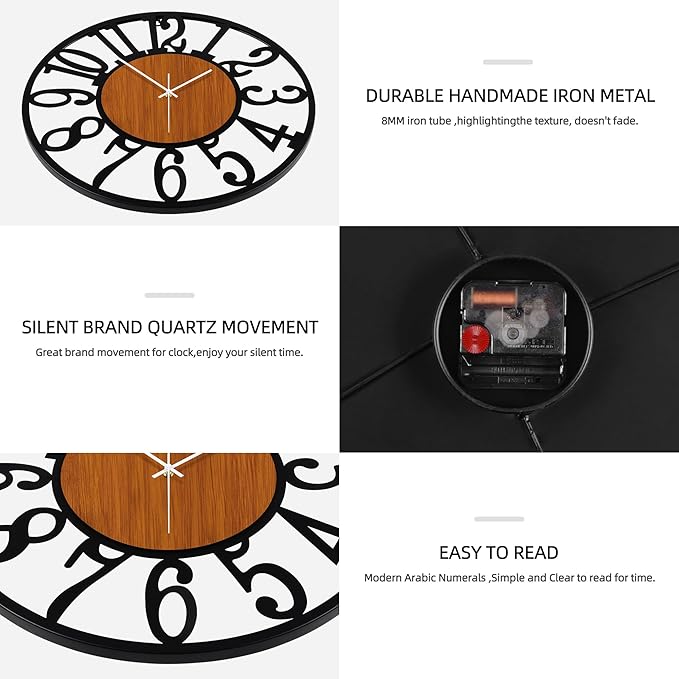 Maxstar Round Wall Clock for Living Room Decor Battery Operated Non Ticking Black Metal Wood Clocks for Home Living Room Garden Office Kitchen Decoration -13 inch-Ruum Studio Home