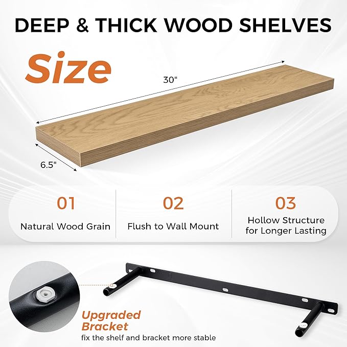 Fun Memories 30" Rustic Wood Deep Floating Shelves for Wall, Invisible Brackets for Decor & Storage, Living Room, Bathroom (Oak, Set of 2)-Ruum Studio Home
