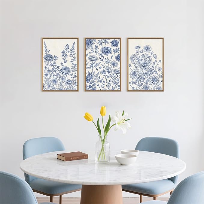 Classic Chinoiserie Floral Framed Canvas Wall Art Set, Blue and White Flower Wall Decor, Navy Watercolor Wall Painting, Minimalist Wildflower Art Print for Living Room, Bedroom - 24"x36"×3-Ruum Studio Home