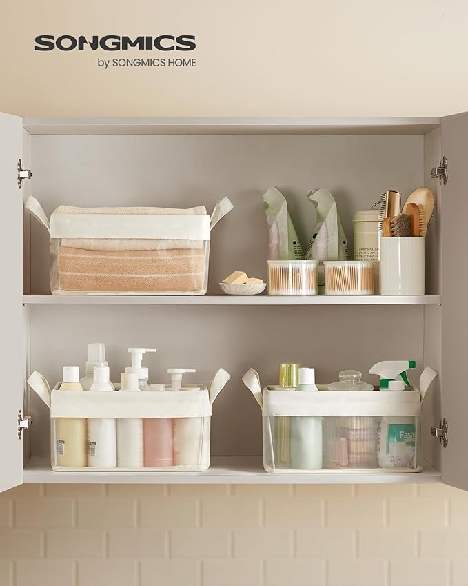 SONGMICS Storage Bins Set of 3, Small Fabric Storage Baskets, Foldable Organizer with Transparent Nylon Mesh, 11.8 x 7.9 x 5.9 Inches, Handles, for Bathroom, Kitchen, Cream White URFB915W01-Ruum Studio Home