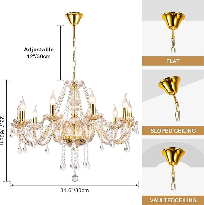 Modern Elegant 10 Lights K9 Crystal Glass Chandelier Golden Pendant Ceiling Lighting European Style for Dining Living Room Bedroom Transparent, 10 E12 Bulbs Required-Ruum Studio Home