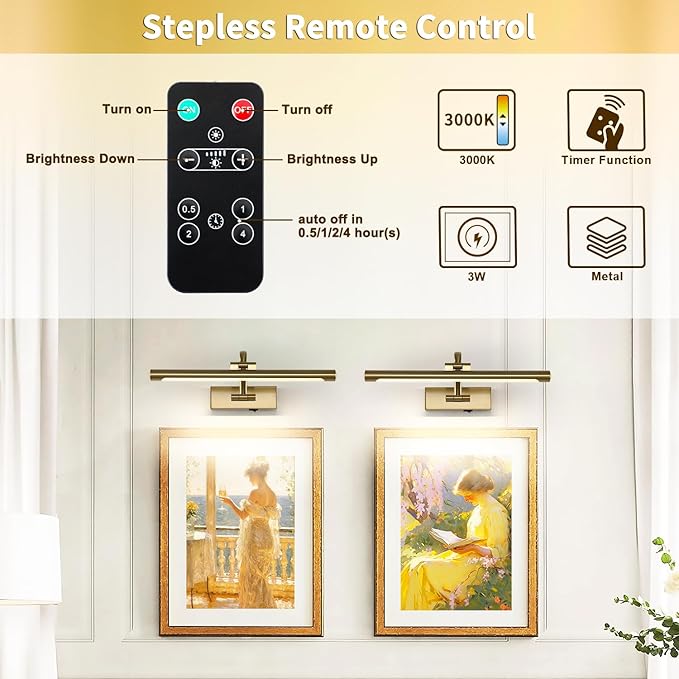 Battery Operated Picture Light with Remote and Timer, Wireless Art Lights for Paintings Brass Rechargeable Gallery Light Dimmable Artwork Lighting for Canvas, Portrait 16'' Inch Warm White-Ruum Studio Home