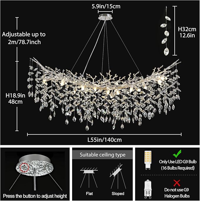 Modern Crystal Silver Chandelier, 55" Large Rectangular Oval Tree Branch Crystal Chandeliers for Dining Room,16-Light Flush Mount K9 Crystal Chandeliers, for Kitchen Island,Dining Room-Ruum Studio Home