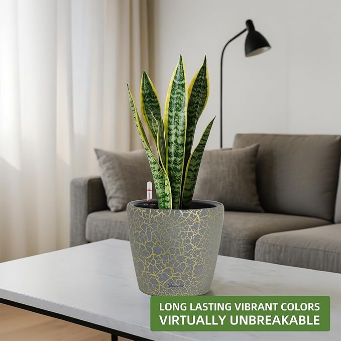 Dexceder 9x8 Inches Self Watering Planter Indoor Outdoor, Inner Pot Design, Thickened Table Flower Plant Pot with Water Level Indicator (Grey Gold Crackle)-Ruum Studio Home