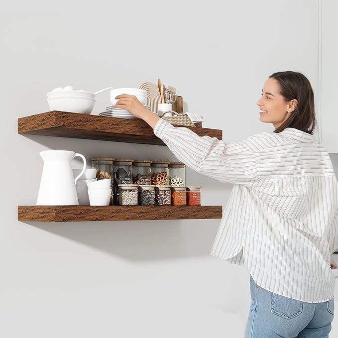 Heimlove 55 Inch Floating Shelves for Wall,10 Deep Large Rustic Brown Wall Shelf with Heavy Duty Brackets,Wall Mounted Storage & Display Shelves for Bedroom,Living Room,Kitchen,Office-Ruum Studio Home