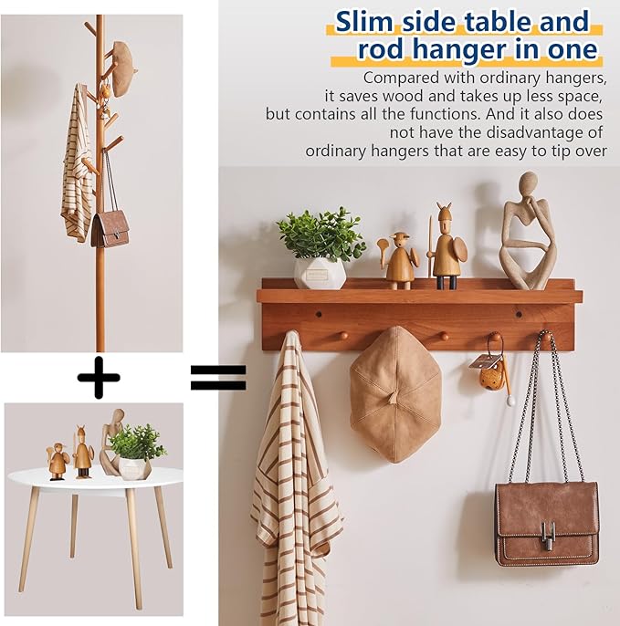Wall Mounted Hook with Shelf,23.62in Entryway Wall Hanging Shelf,Solid Wood Coat Hooks,for Bathroom, Kitchen,Cherry Wood Color YD-WS0260C-Ruum Studio Home