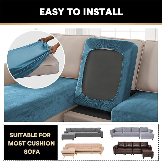 PrinceDeco Velvet Sectional Couch Covers, 4 Pieces, L Shape, Blue, 3 Seater + 1 Chaise-Ruum Studio Home
