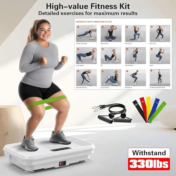 3D Vibration Plate Exercise Machine for Lymphatic Drainage, Whole Body Vibration Plate for Weight Loss, 330lbs Capacity Vibrating Platform Board Home Gym Quiet, 5 Yoga Belts & 2 Resistance Bands-Ruum Studio Home
