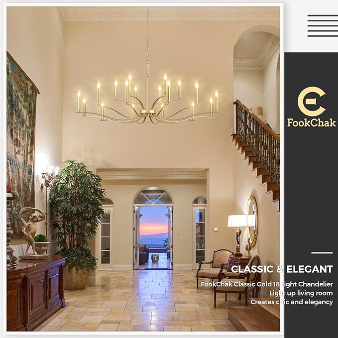 18 Light Gold Living Room Chandelier High Ceiling Foyer Candle Chandelier Large Modern Brass 59in Metal Chandeliers Hanging Light for Master Bedroom Dining Room Light Fixture Over Table-Ruum Studio Home