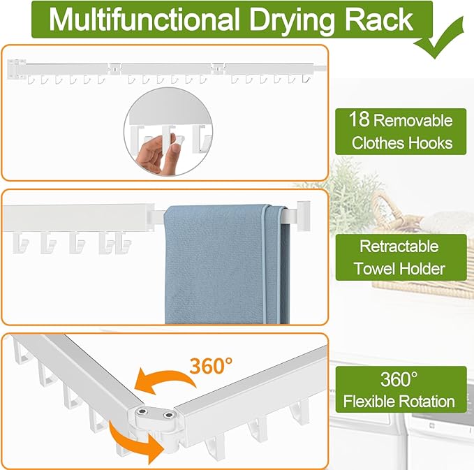 Foldable Clothes Drying Rack, 2 Fold Laundry Drying Rack Wall Mount, [No Drilling] Folding & Durable Space Saver for Laundry, Balcony, Bathroom, Patio, Dormitory, Apartment-White-Ruum Studio Home
