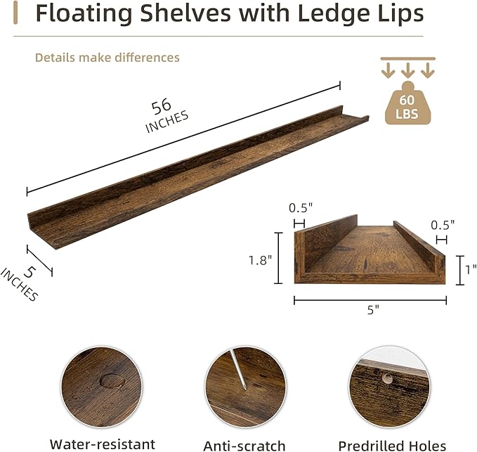 Picture Ledge Shelf, Wood Long Floating Shelves for Wall, Set of 2, 56 inch Picture Ledge Shelves, Photo Ledge Nursery Book Shelves Wall Mounted for Living Room Kids' Room Bedroom, Color Brown-Ruum Studio Home