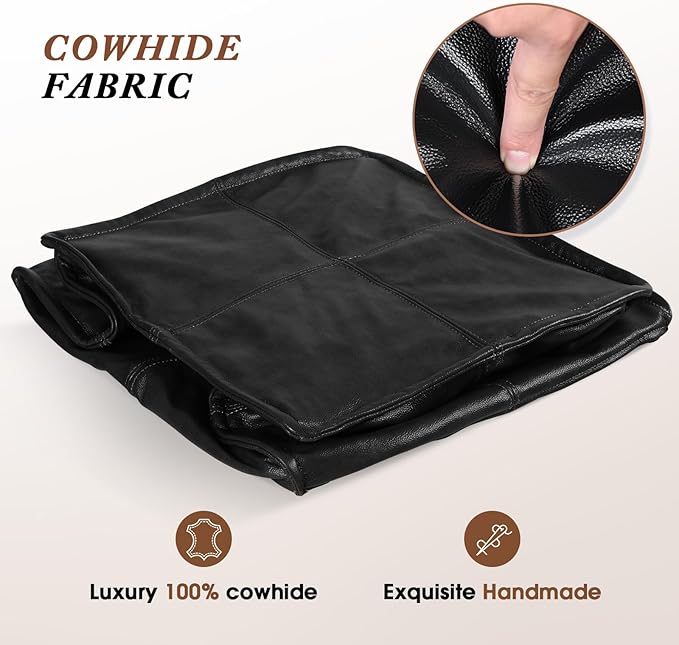 Leather Ottoman,Handmade Stuffed Square Ottoman,Genuine Leather Pouf, Foot Rest Pouf,Comfortable Soft Seating for Living Room & Bedroom (Black, Square)-Ruum Studio Home