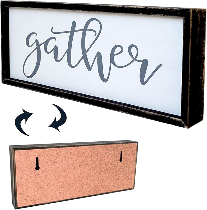 Gather Sign for Home Decor in Grey - Farmhouse Kitchen Dining Room Wall Decor - Rustic Wall Decoration Solid Wood Thick Black Frame 12x5 Inches-Ruum Studio Home