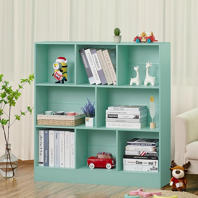 LEYAOYAO 8 Cube Bookshelf with Base,3 Tier Modern Mint-Green Kids Bookcase,Standing Wide Bookshelves Storage Organizer Toy Shelf,Wood Display Children's Book Shelves for Bedroom,Living Room,Nursery-Ruum Studio Home