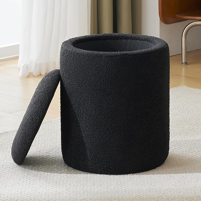 YFO Round Boucle Ottoman with Storage, Multifunctional Upholstered Vanity Chairs for Makeup, Soft Padded Seat with Removable Lid, Modern Rest Stool Seat for Living Room, Bedroom, Black-Ruum Studio Home