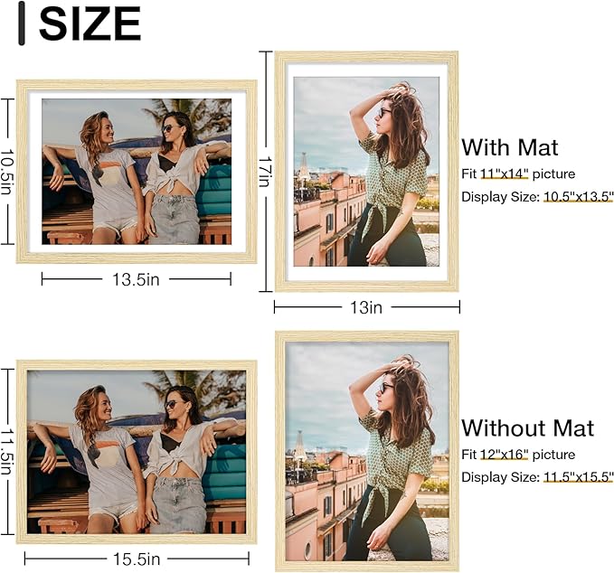 Vittanly 12x16 Picture Frames Set of 9, Shatter Resistant Plexiglass, Display 11x14 Pictures with Mat or 12x16 without Mat, Photo Frames for Wall Mount, Engineered Wood, OAK-Ruum Studio Home